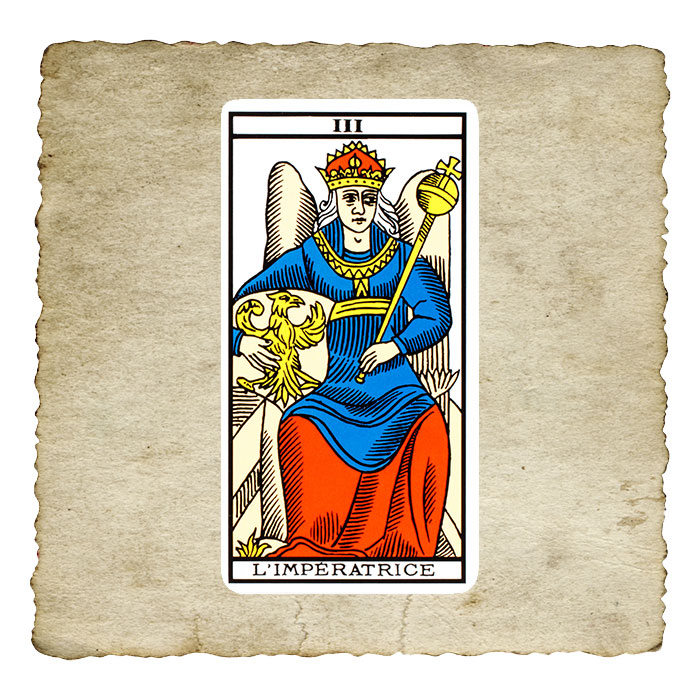 L'Impératrice, arcane III du Tarot de Marseille, femme couronnée tenant un sceptre et un écu