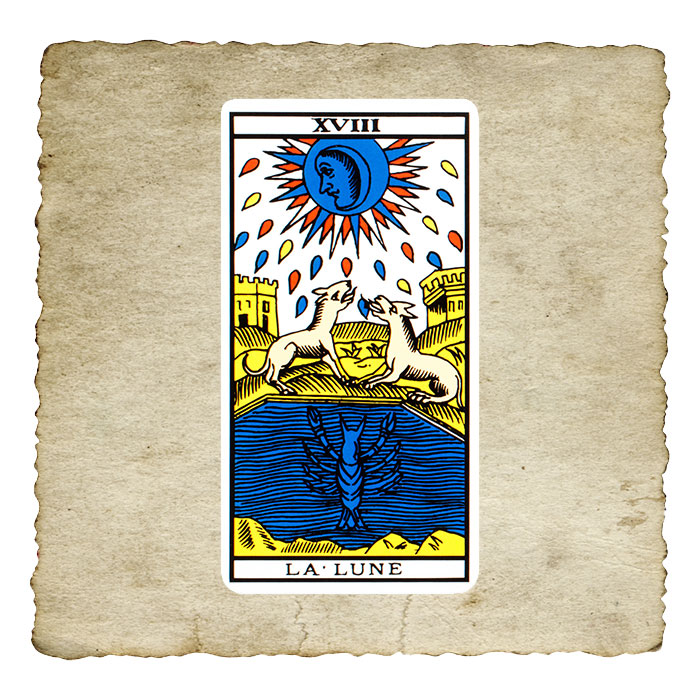 La Lune, dix-huitième arcane majeur du Tarot de Marseille, symbole d'intuition et d'illusions