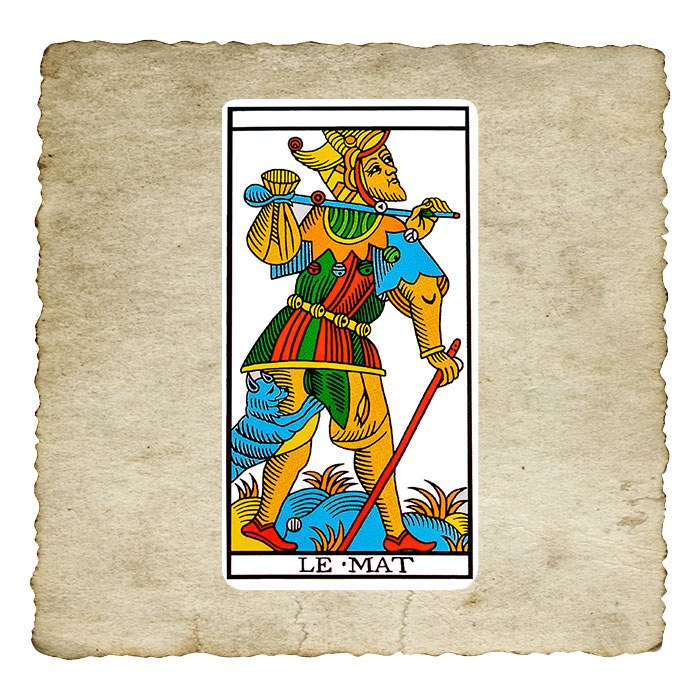 Le Mat, arcane 0 du Tarot de Marseille, voyageur insouciant avec son baluchon