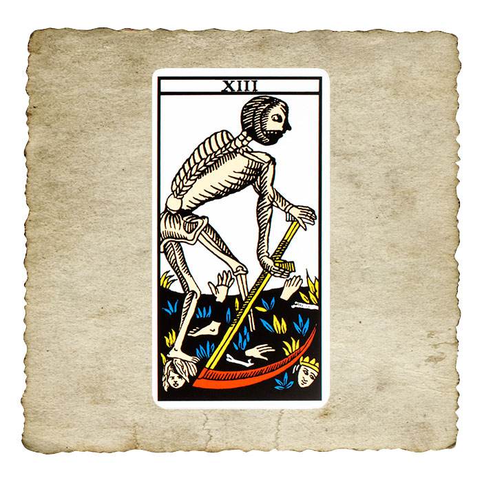 L'Arcane sans nom, arcane XIII du Tarot de Marseille, squelette à la faux symbole de transformation