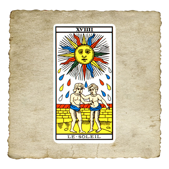 Le Soleil, dix-neuvième arcane majeur du Tarot de Marseille, symbole de joie et de réussite — Les Arcanes