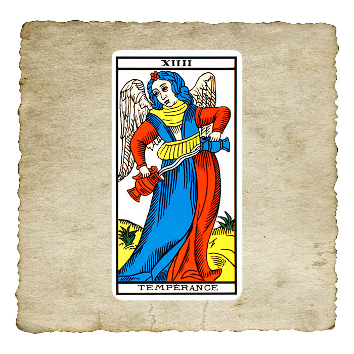 Tempérance, arcane XIV du Tarot de Marseille, ange versant un liquide d'un vase à l'autre