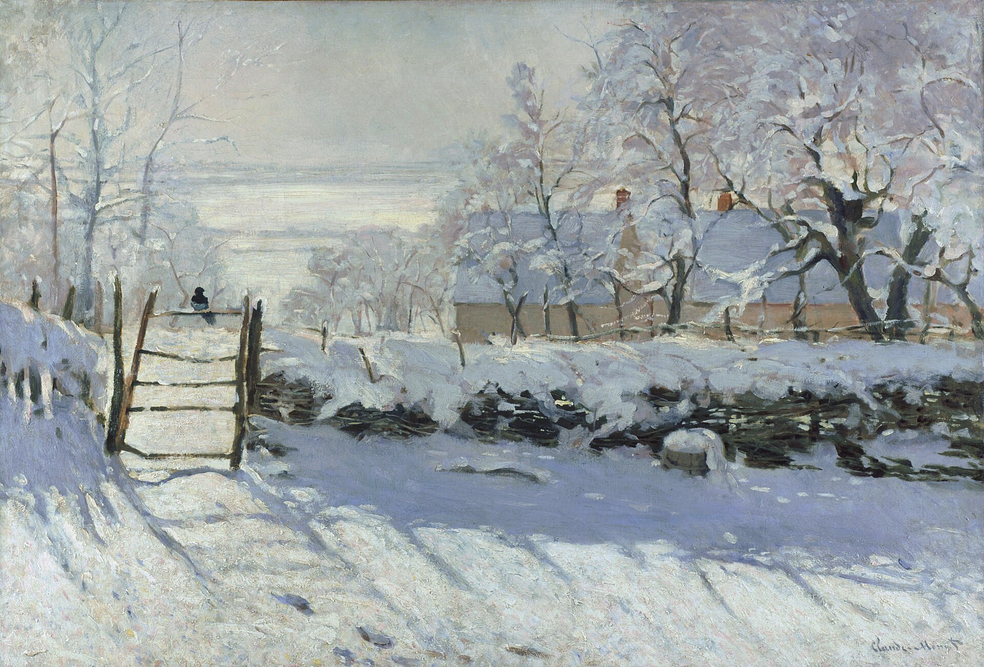 La Pie de Claude Monet (1868-1869) : une pie solitaire posée sur une barrière dans un paysage de neige, oiseau que la tradition populaire tient pour un présage