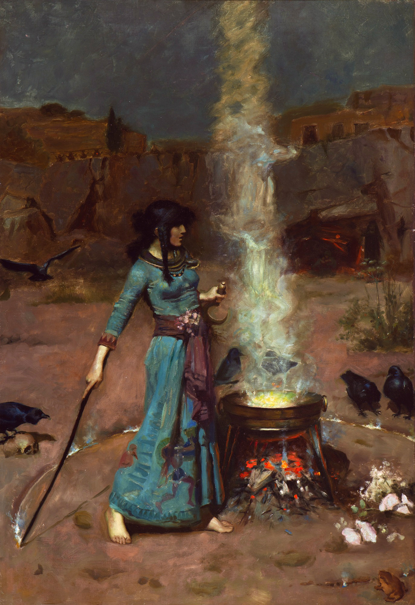 Peinture « The Magic Circle » de John William Waterhouse (1886), une magicienne trace un cercle rituel au sol, évocation de la gyromancie