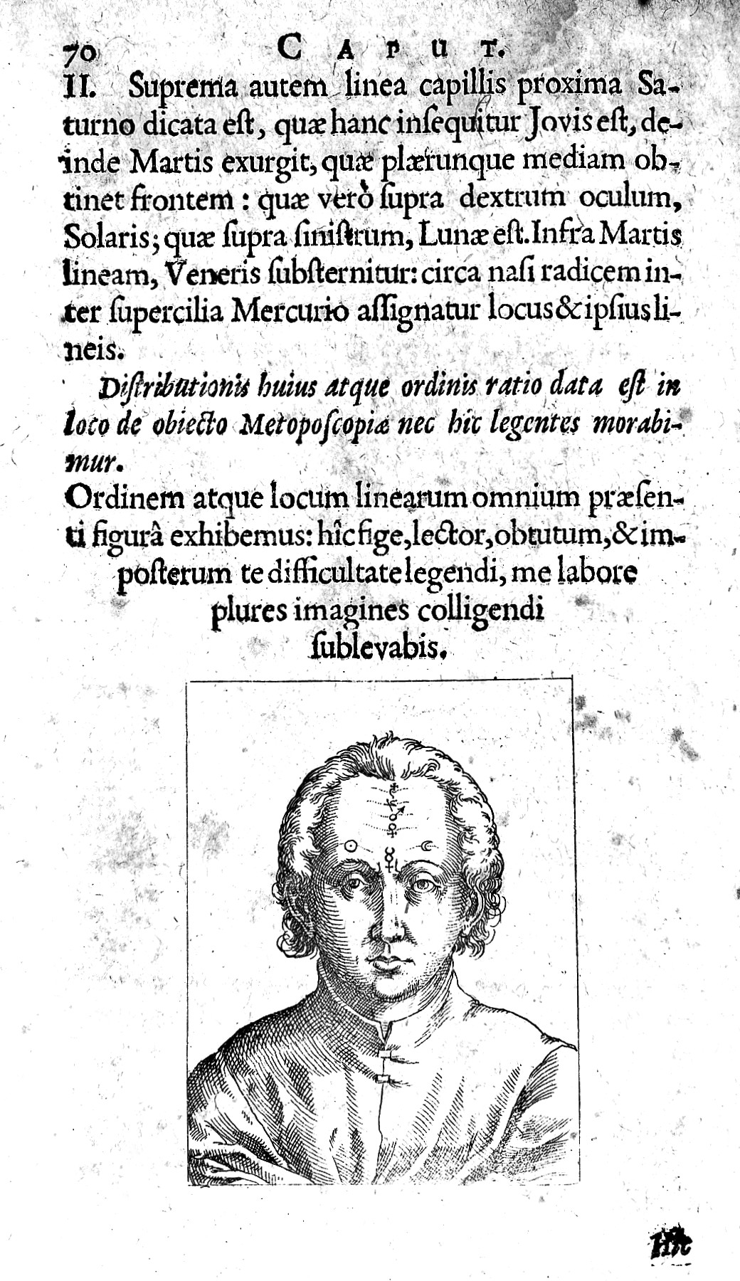 Planche ancienne de métoposcopie montrant les lignes du front (Metoposcopia, 1615)