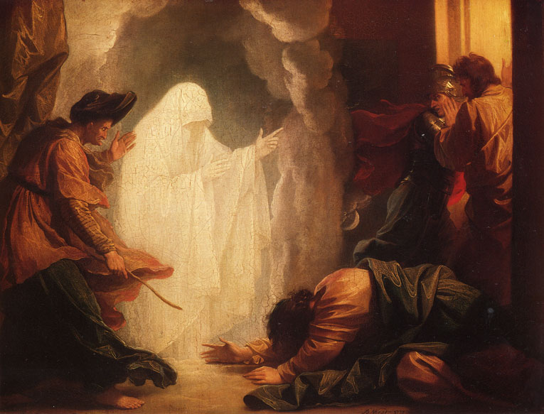 Peinture de Benjamin West (1777) montrant Saül consultant la sorcière d'Endor, évocation de la nécromancie