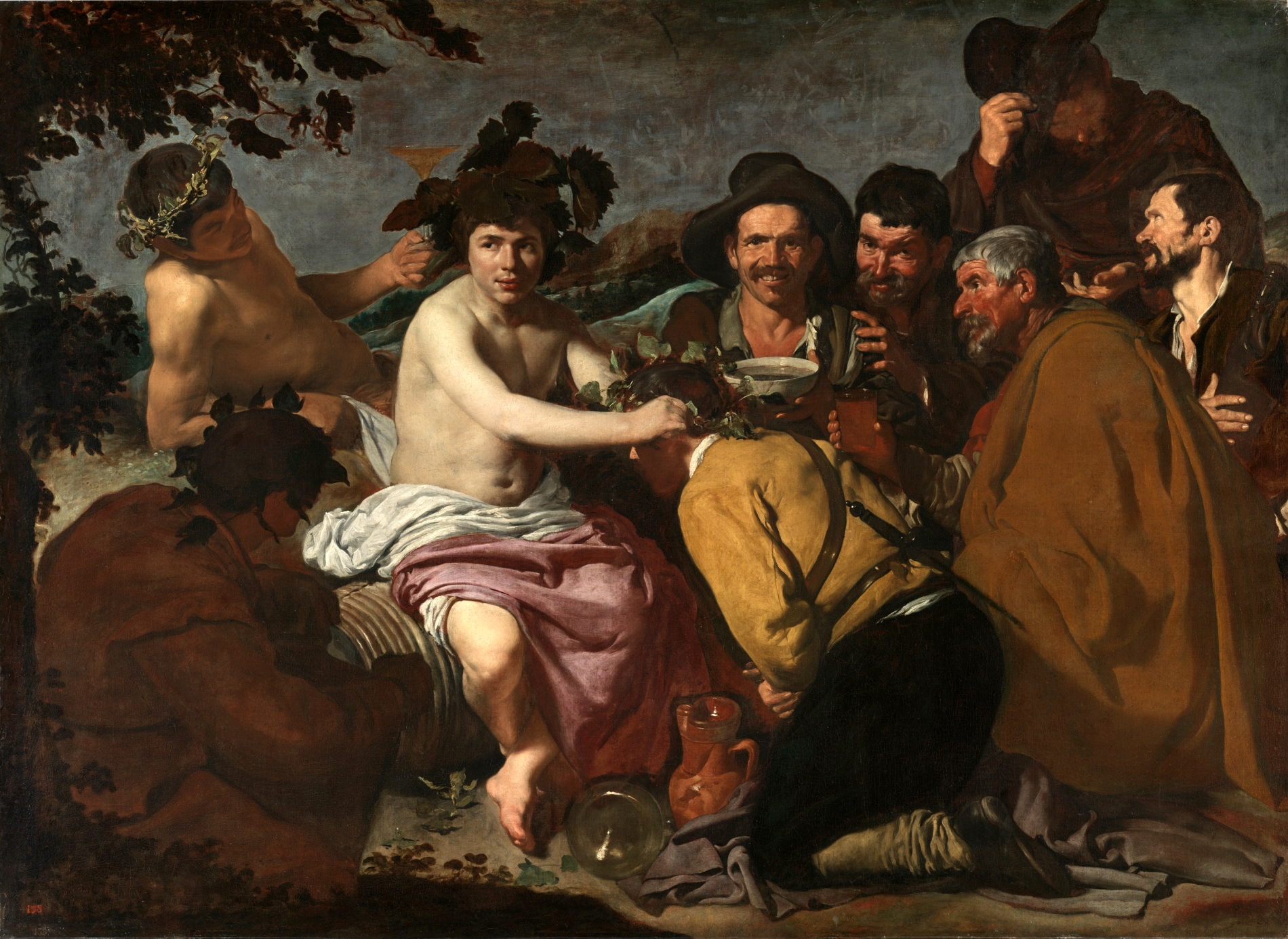 Le Triomphe de Bacchus, dit Los borrachos, de Diego Vélasquez (1628-1629) : Bacchus, dieu du vin, couronne un buveur agenouillé parmi des compagnons attablés, évocation de l'oenomancie, la divination par le vin