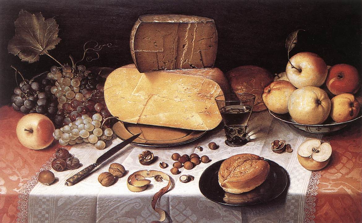 Nature morte aux fromages, fruits et fruits secs de Floris van Dyck (1613) : des meules et tranches de fromage empilées sur une table dressée, évocation de la tyromancie, la divination par le fromage et sa coagulation