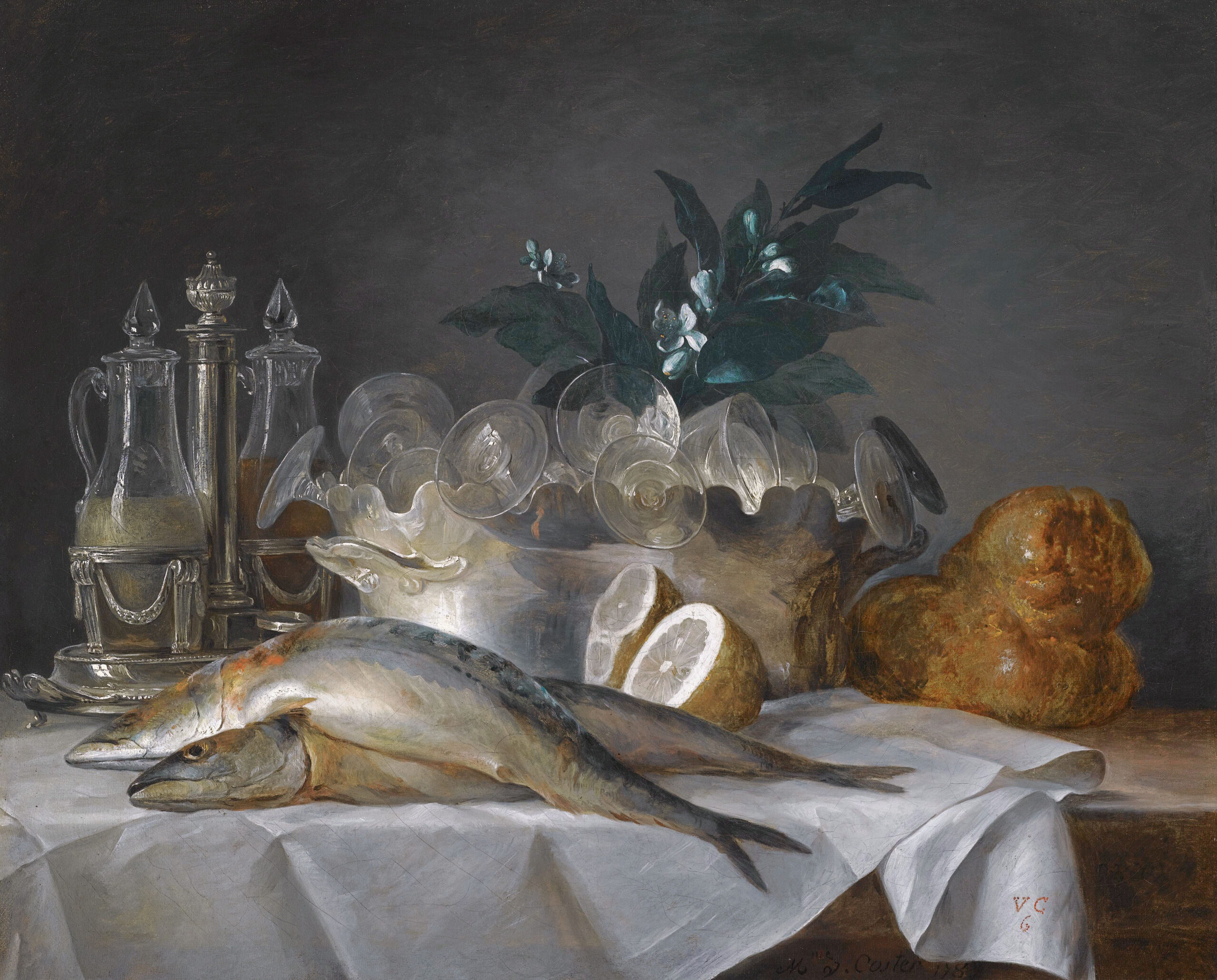 Nature morte d'Anne Vallayer-Coster : un pain, des maquereaux, un verre et des citrons sur une table couverte d'une nappe blanche, évocation de l'aleuromancie, la divination par la farine et la pâte