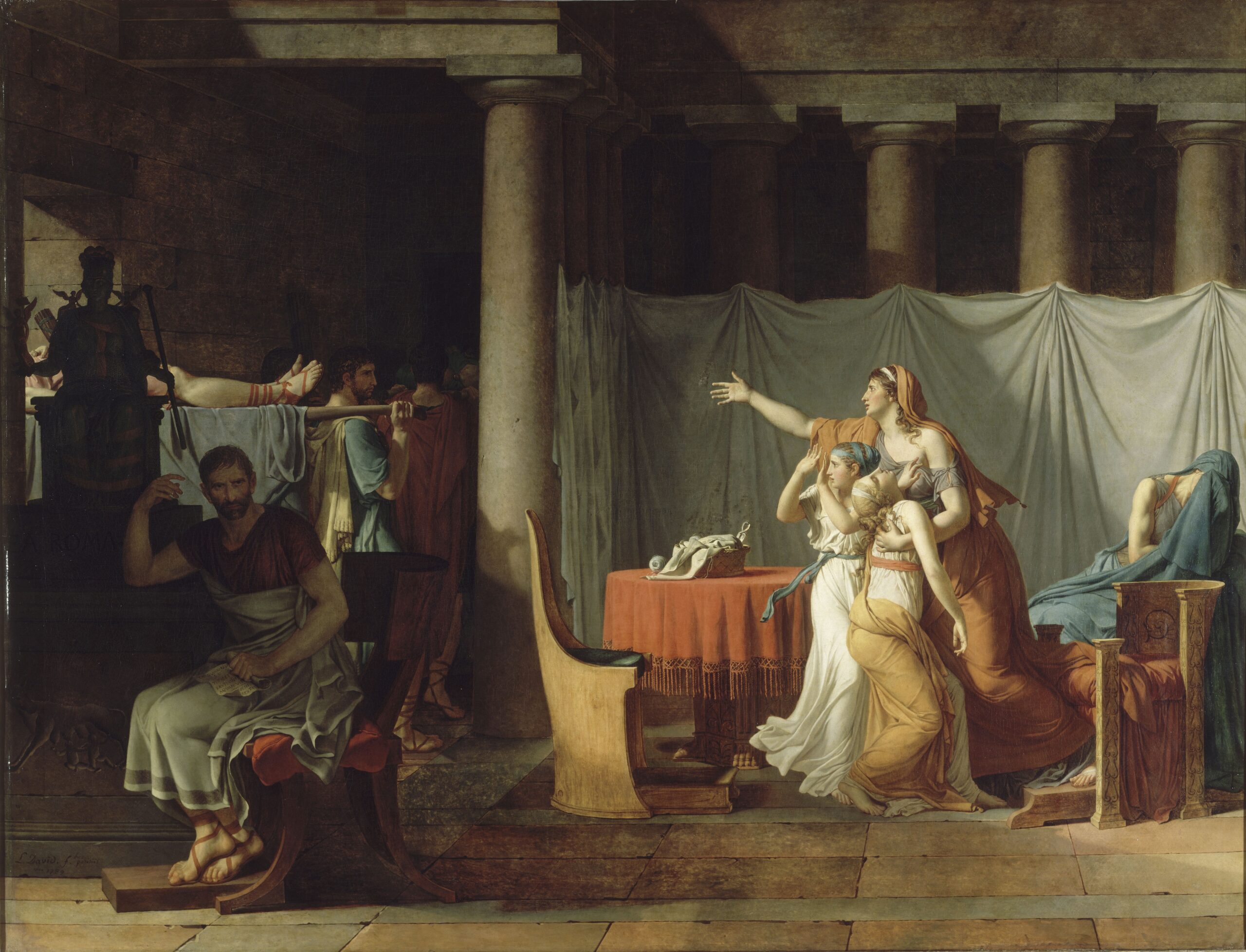 « Les licteurs rapportent à Brutus les corps de ses fils » de Jacques-Louis David (1789) : la hache du licteur romain, symbole de jugement et de châtiment, en écho à l'axinomancie, la divination par la hache