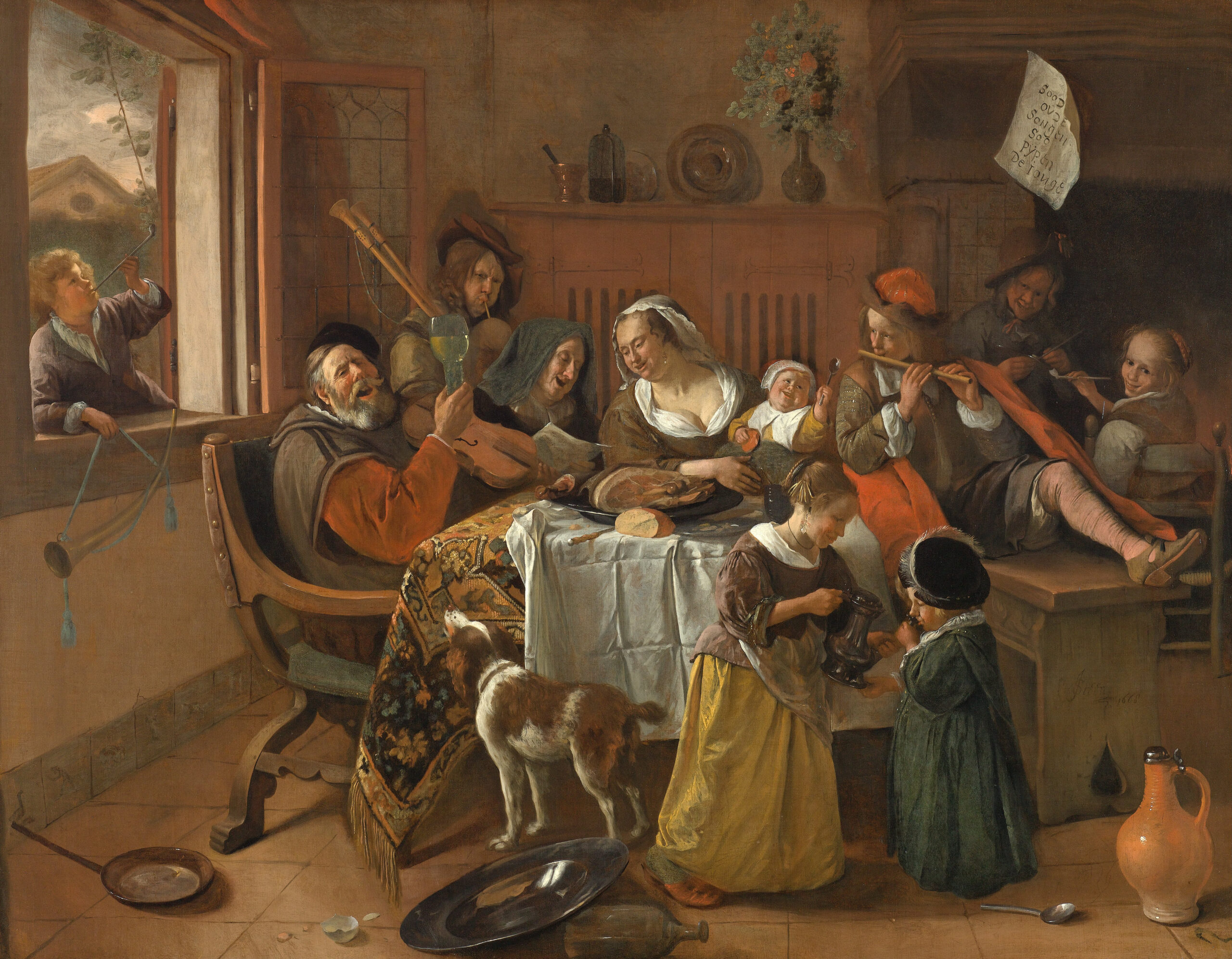 « La Famille joyeuse » de Jan Steen (1668, Rijksmuseum) : une maisonnée qui rit, chante et fait du bruit autour de la table, évocation de la géloscopie, la divination par le rire