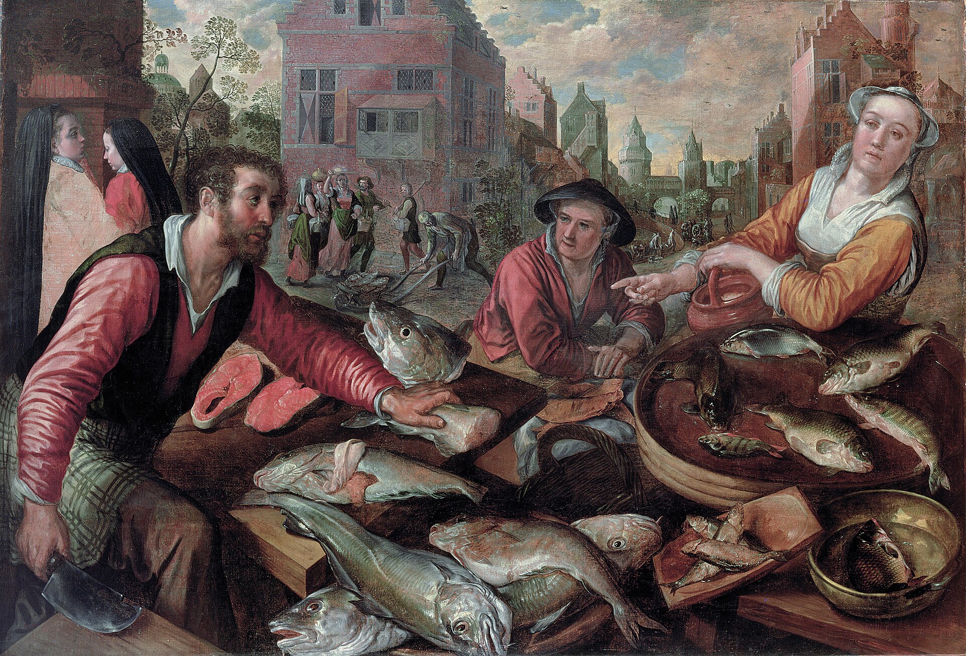 Le marché aux poissons de Joachim Beuckelaer : un étal débordant de poissons de mer et de rivière tenu par des marchandes, évocation de l'ichtyomancie, la divination par les poissons