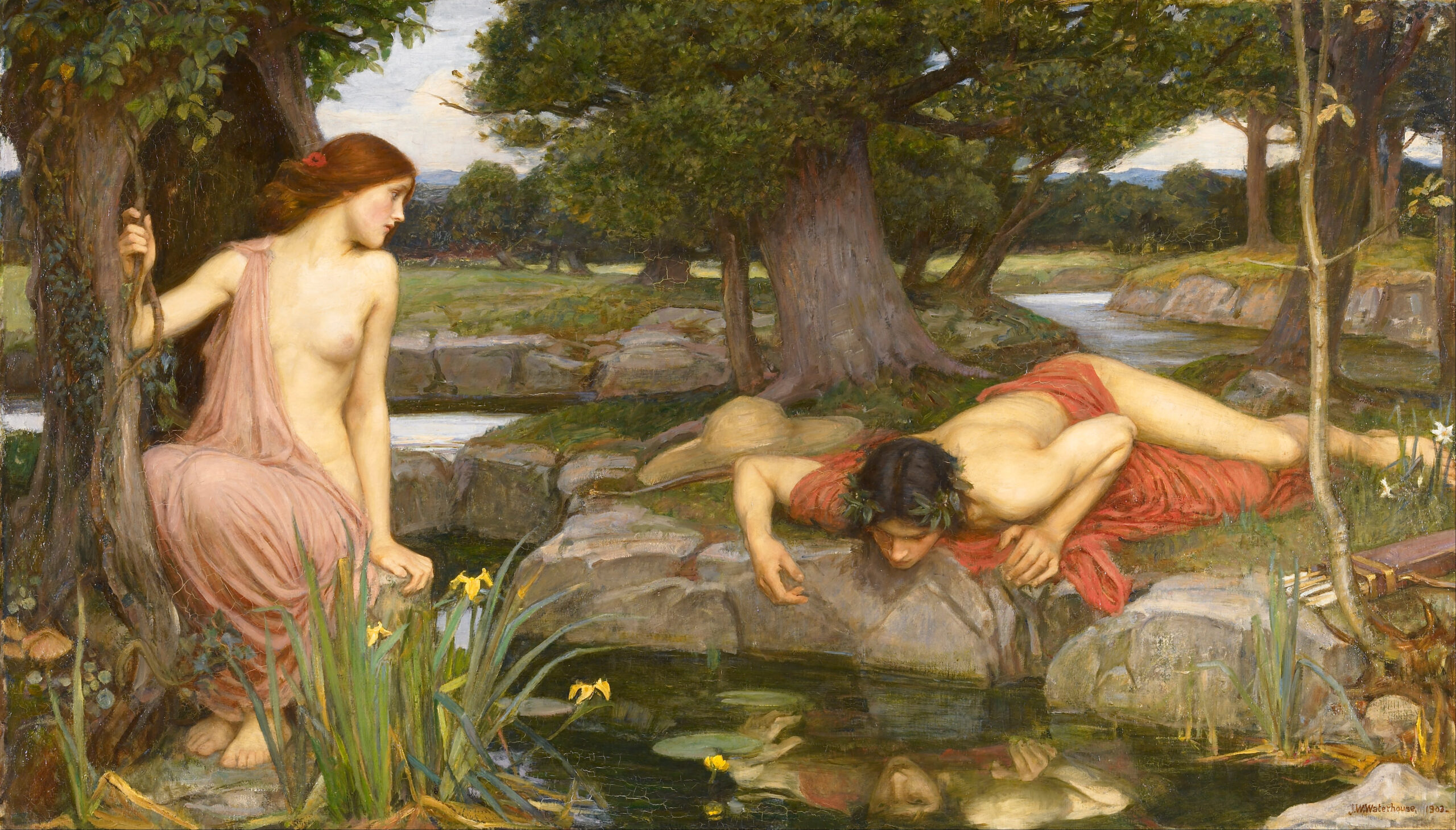 « Écho et Narcisse » de John William Waterhouse (1903) : Narcisse penché sur la surface de l'eau où il contemple son reflet, évocation de la lécanomancie, la divination par l'huile versée sur l'eau d'un bassin