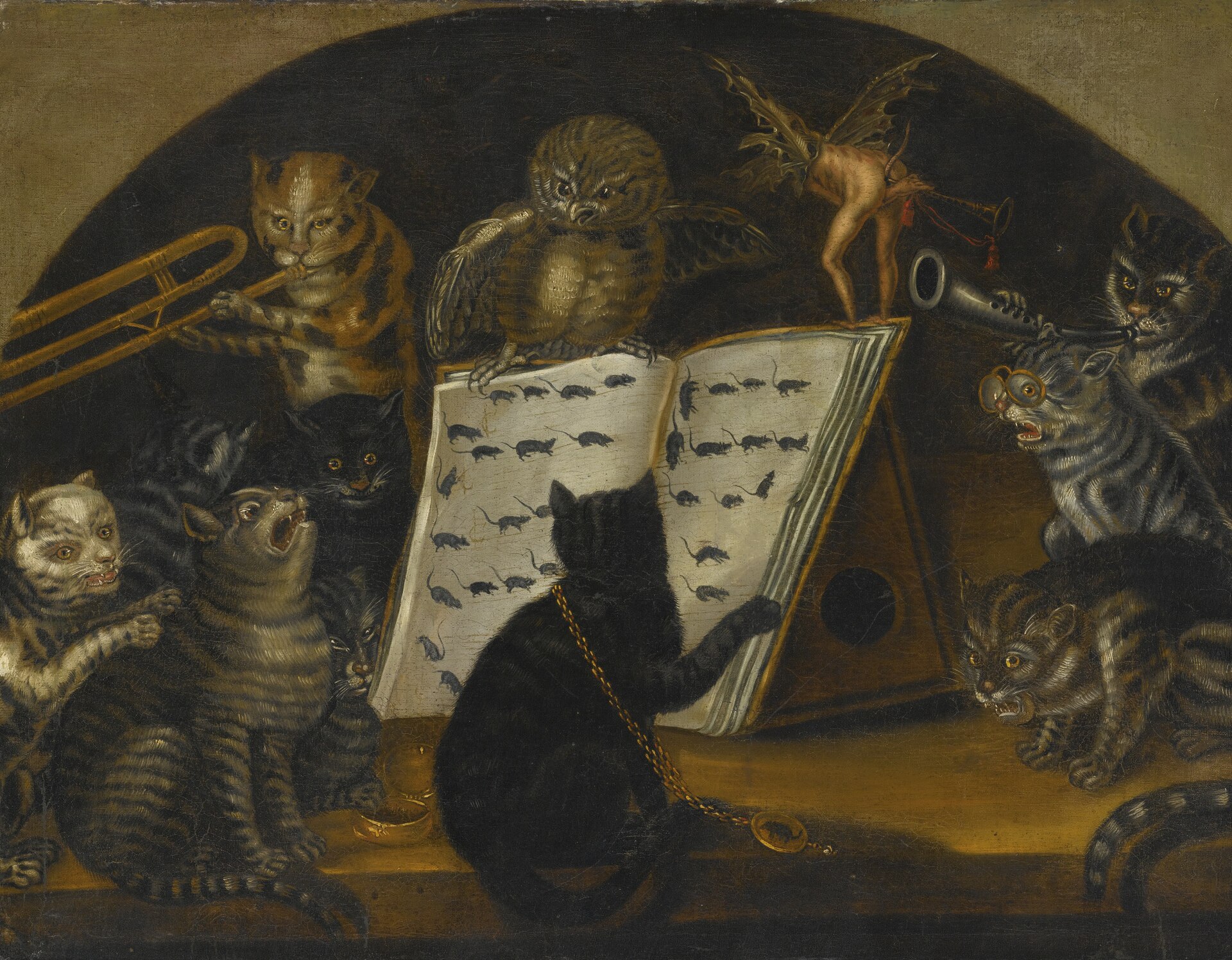 Tableau de l'école lombarde vers 1700 : des chats et des souris agiles autour d'un hibou, scène animalière évoquant la myomancie, la divination par les souris et les rats