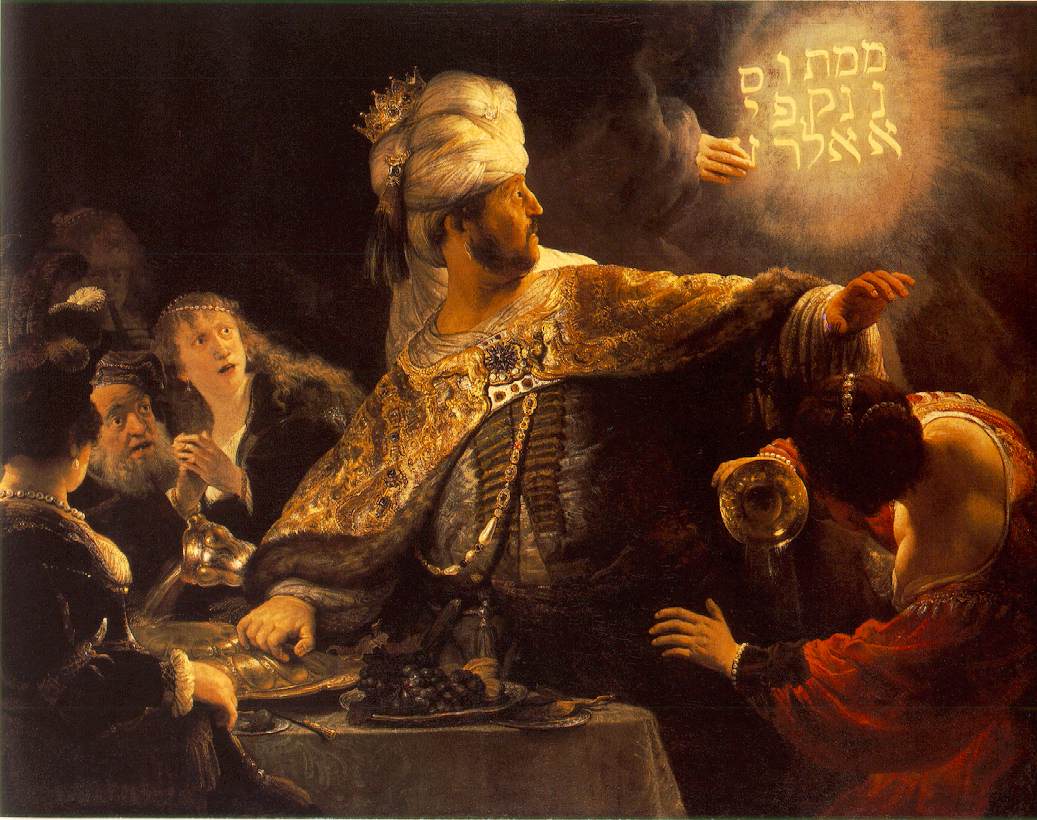 « Le Festin de Balthazar » de Rembrandt (v. 1635-1638) : des lettres mystérieuses apparaissent et sont déchiffrées comme un présage, évocation de l'onomancie, la divination par les lettres du nom