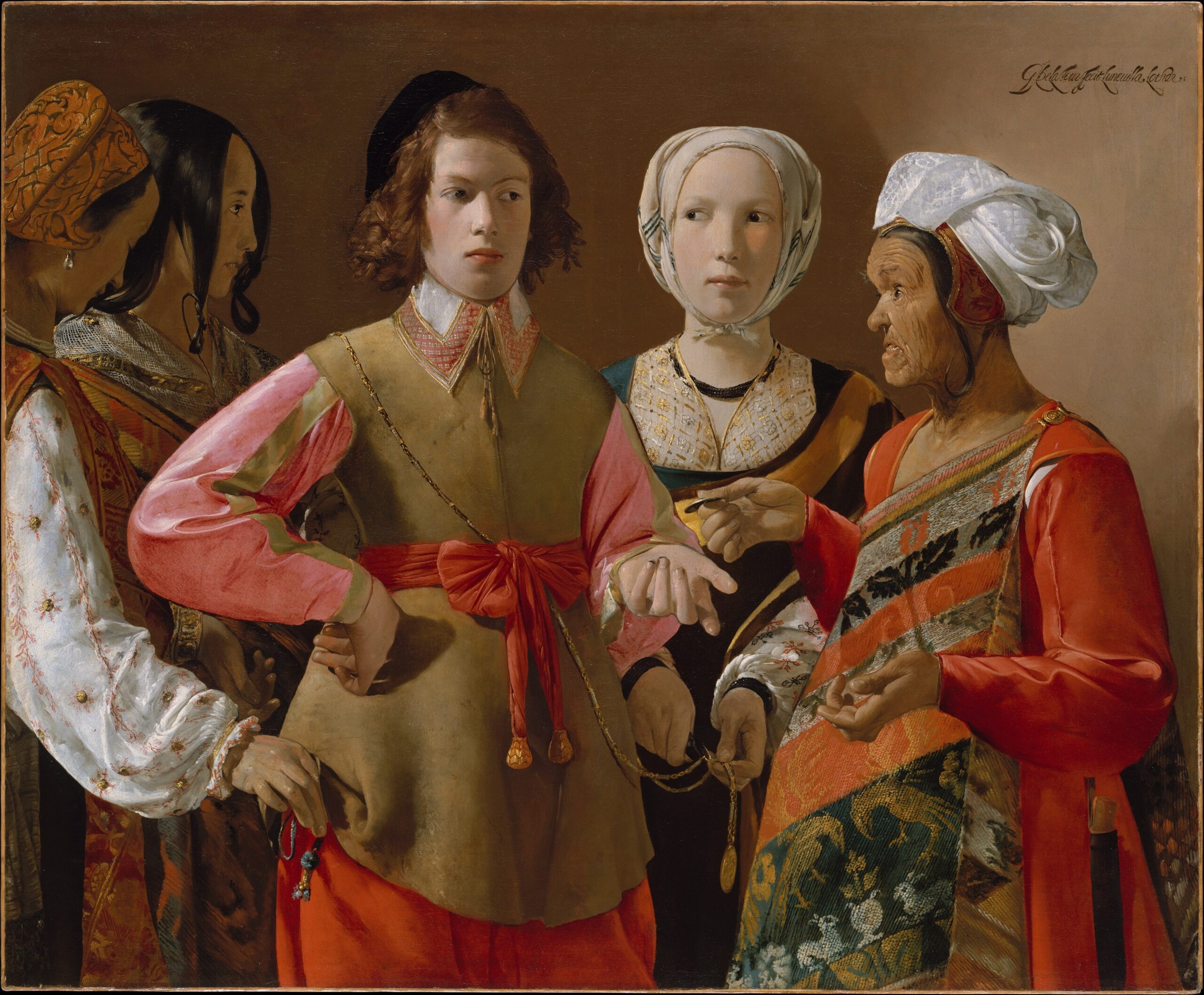 « La Diseuse de bonne aventure » de Georges de La Tour : une vieille bohémienne lit la main d'un jeune homme entouré de complices, évocation des arts divinatoires du corps et de la main dont l'onychomancie