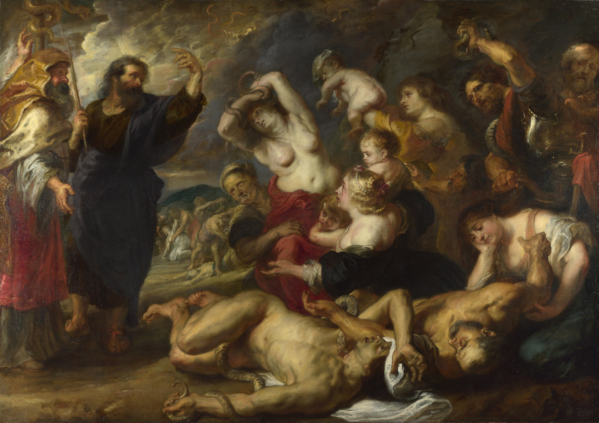 « Le Serpent d'airain » de Pierre Paul Rubens (vers 1635-1640, National Gallery) : une foule assaillie par des serpents autour du serpent de bronze dressé par Moïse, évocation de l'ophiomancie, la divination par les serpents