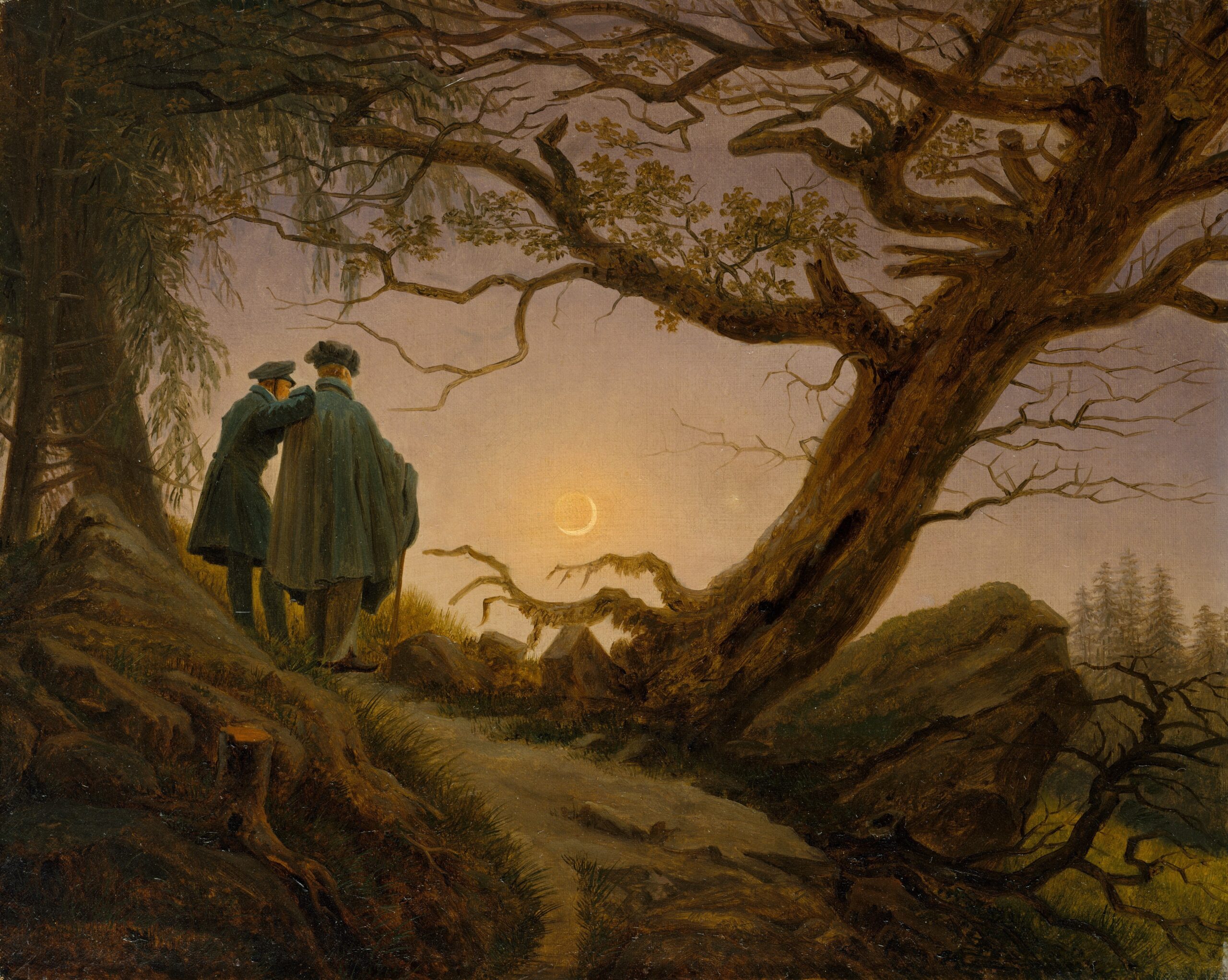 « Deux hommes contemplant la Lune » de Caspar David Friedrich (vers 1825-1830) : deux promeneurs observent le croissant de lune au crépuscule, évocation de la sélénomancie, la divination par la Lune
