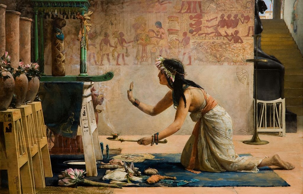 « Les Obsèques d'un chat égyptien » de John Reinhard Weguelin (1886) : procession funéraire en l'honneur d'un chat sacré dans l'Égypte ancienne, évocation de l'ailuromancie, la divination par le comportement des chats