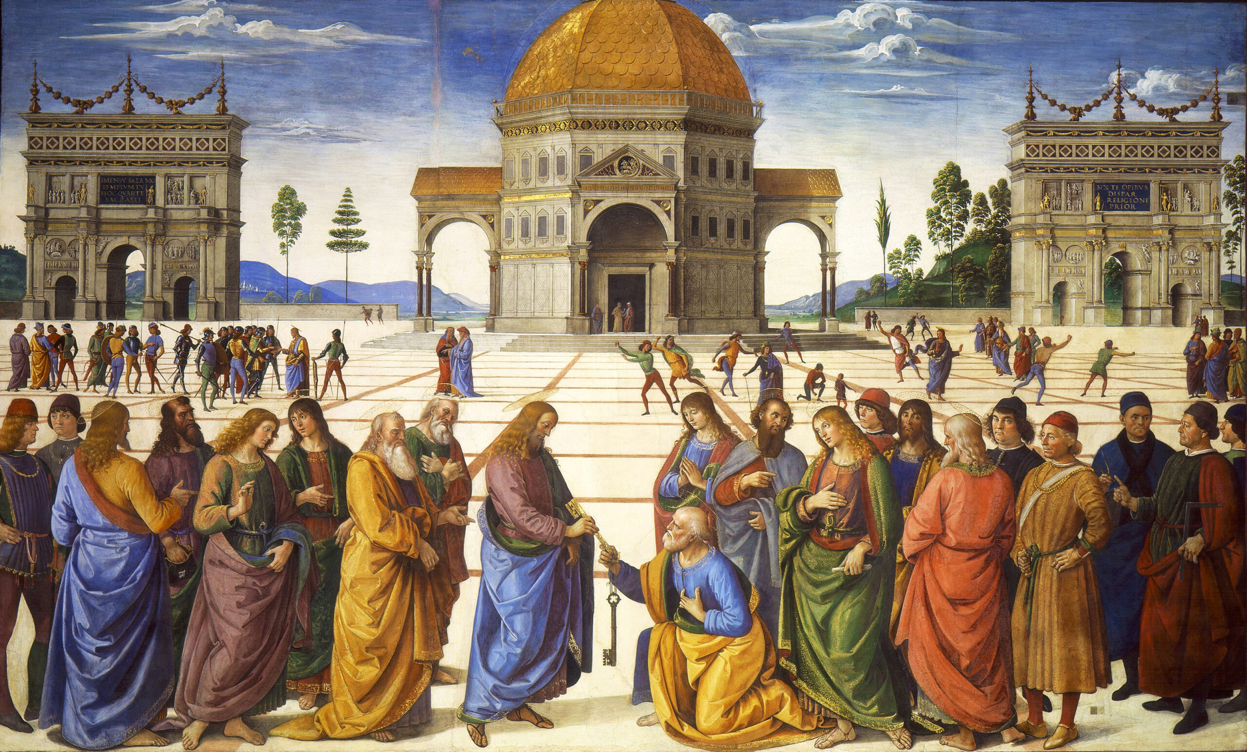 « La Remise des clefs à saint Pierre » du Pérugin (1481-1482, chapelle Sixtine) : le Christ tend les clefs à l'apôtre, symbole ancien de la clé, en écho à la cléidomancie, la divination par la clé suspendue