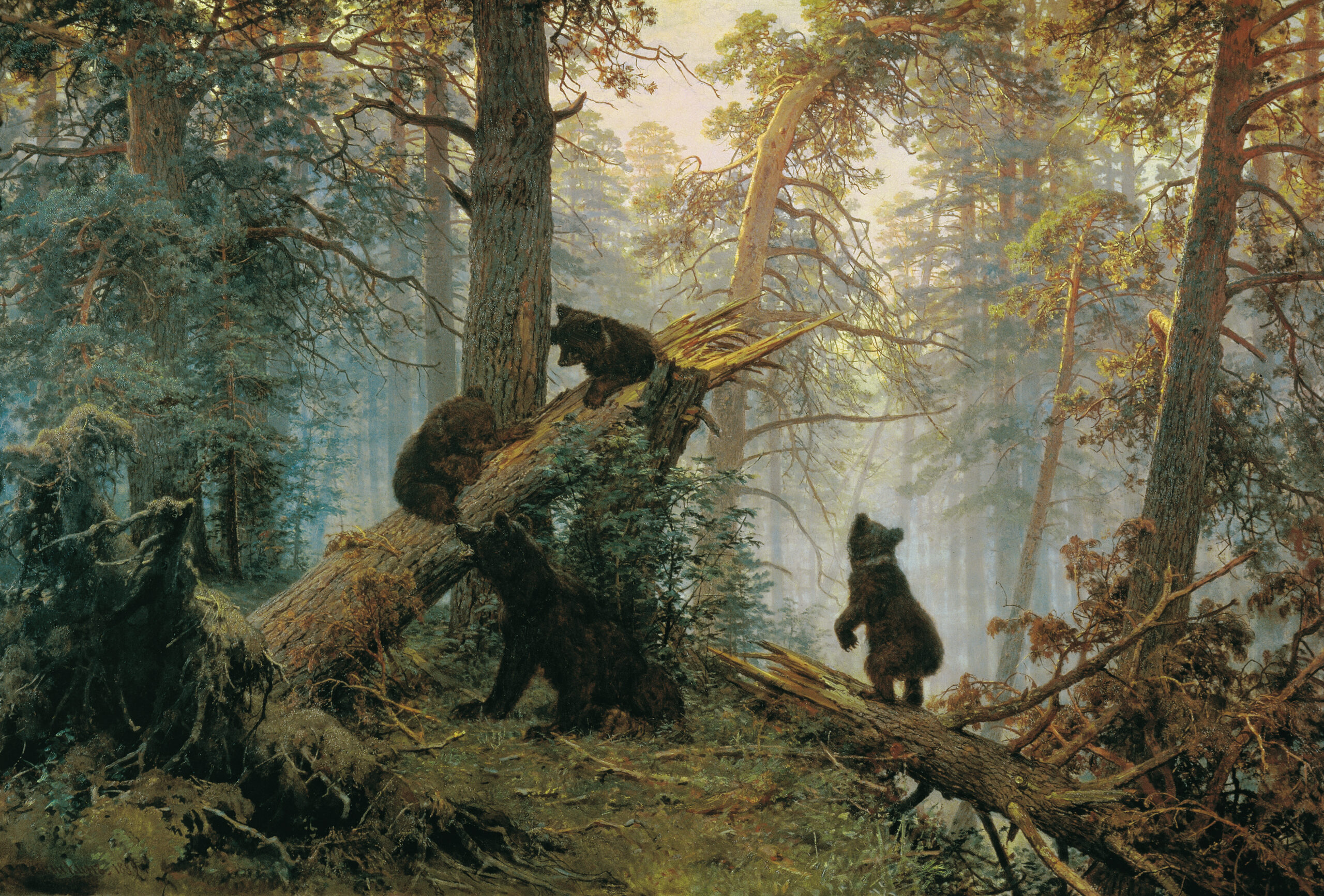 « Matin dans une forêt de pins » d'Ivan Chichkine et Constantin Savitski (1889, galerie Tretiakov) : troncs et branches tombés au sol d'une forêt, évocation de la xylomancie, la divination par les morceaux de bois